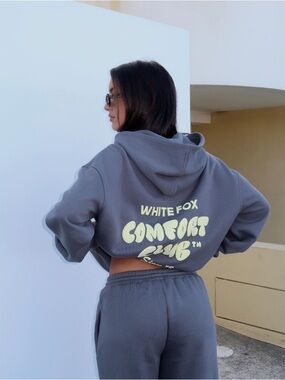 White Fox Boutique Charcoal Hoodie with Yellow Chest Logo